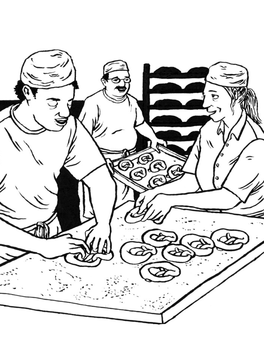 Das Bild ist eine Schwarz-Weiß-Illustration, die drei Personen zeigt, die in einer Bäckerei arbeiten. Eine Person hält ein Tablett mit frisch gebackenen Brezeln in der Hand, während die beiden anderen Personen mit der Zubereitung weiterer dieser Leckereien beschäftigt sind. Die Szene ist in einer Küche angesiedelt, in der verschiedene Backwerkzeuge und Zutaten auf dem Tresen zu sehen sind. Die Illustration ist so gestaltet, dass sie ein breites Publikum anspricht, darunter Kinder und Erwachsene, und soll die Produkte der Bäckerei und die Teamarbeit beim Backen verdeutlichen.