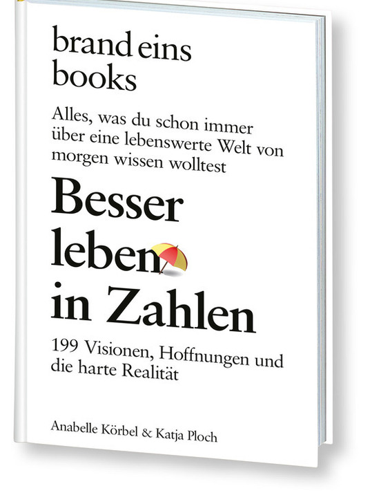 Bei dem Bild handelt es sich um ein Foto eines Buchumschlags für ein deutsches Buch mit dem Titel "Brand Eins Books" von Anabelle Köbel und Katja Ploch. Das Cover zeigt einen weißen Hintergrund mit schwarzem Text und einer gelben Regenschirmgrafik. Das Buch wird als "99 Visionen, Hoffnungen und die harte Realität" beschrieben, was übersetzt so viel heißt wie "99 Visionen, Hoffnungen und die Realität". Auch die Namen der Autorinnen, Anabelle Köbel und Katja Ploch, sind auf dem Cover genannt.