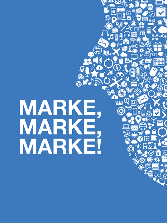 Das Bild ist eine digitale Illustration mit blauem Hintergrund und weißem Text und Symbolen. Der Text "MARKE MARKE MARKE!" ist prominent in der Mitte dargestellt, während verschiedene Icons und Symbole über das Bild verstreut sind, darunter ein Telefon, ein Computer und andere Icons, die verschiedene Aspekte der Technologie und Kommunikation darstellen. Das Gesamtdesign scheint eine kreative Darstellung des Satzes "MARKE MARKE MARKE!" auf eine visuell ansprechende Weise zu sein.