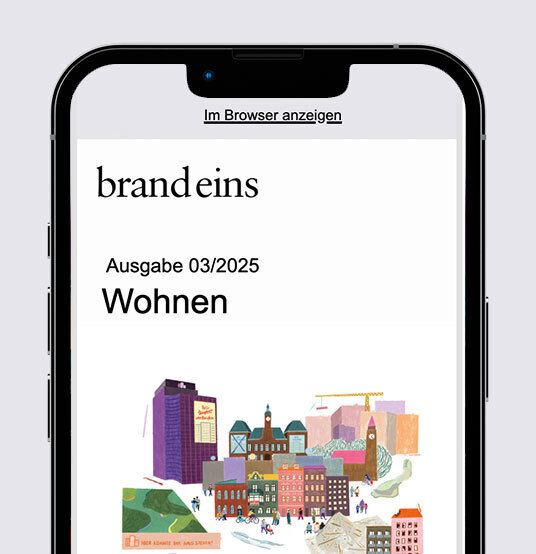Das Bild zeigt ein Smartphone, das eine Webseite mit einer Illustration eines Stadtbildes anzeigt. Die Webseite hat eine Kopfzeile mit der Aufschrift "brandeins" und eine Fußzeile mit der Aufschrift "Im Browser anzeigen". Der Hauptinhalt der Webseite besteht aus einer Liste von Daten und einem Titel, bei dem es sich offenbar um eine Sammlung verschiedener Städte handelt. Die Webseite ist so gestaltet, dass sie für alle Nutzer, auch für Menschen mit Sehbehinderungen, zugänglich ist, da sie klare und leicht lesbare Texte und Bilder enthält.