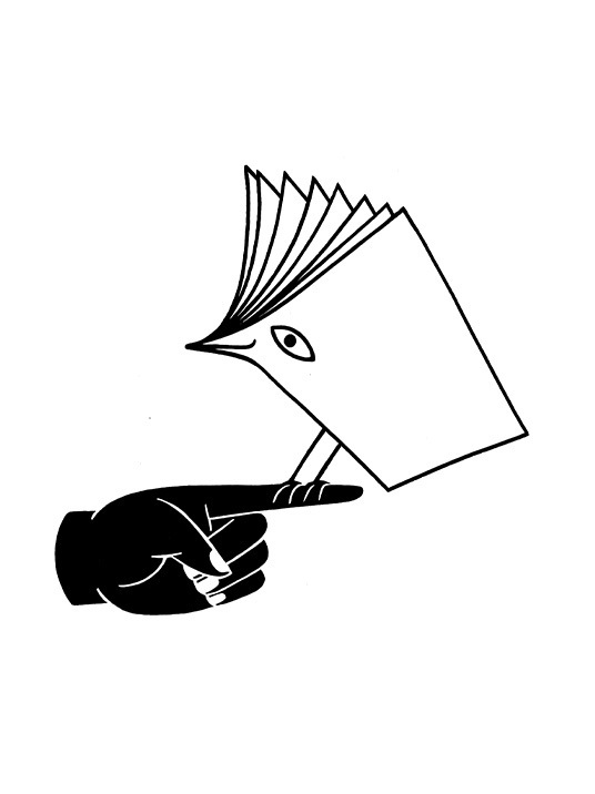 Das Bild zeigt eine Hand, die auf eine vogelähnliche Figur zeigt, die ein Buch hält, das als flache, zweidimensionale Illustration dargestellt ist. Die Illustration ist in Schwarz und Weiß gehalten, was ihr ein minimalistisches und künstlerisches Aussehen verleiht. Die Hand und die vogelähnliche Figur sind die Hauptelemente des Bildes, wobei die vogelähnliche Figur im Mittelpunkt steht.