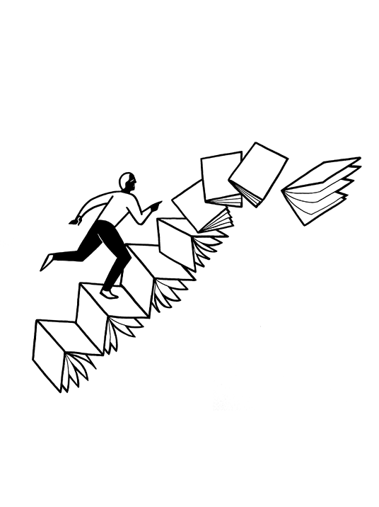 Das Bild ist eine Schwarz-Weiß-Illustration, die eine Person zeigt, die eine Treppe hinaufläuft, wobei jede Stufe ein Buch darstellt. Die Person befindet sich am unteren Ende der Treppe, was ein Gefühl des Fortschritts oder der Leistung suggeriert. Die Treppe ist mit Büchern gefüllt, die Wissen oder Lernen symbolisieren, und die Laufbewegung der Person impliziert Bewegung oder Aktion. Die Gesamtkomposition ist einfach und geradlinig und konzentriert sich auf das Konzept des Aufsteigens oder Aufstiegs.