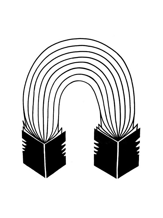 Das Bild zeigt eine Schwarz-Weiß-Illustration von zwei aufgeschlagenen Büchern mit einem regenbogenartigen Muster, das aus den Seiten hervortritt und eine visuell auffällige und künstlerische Komposition bildet.