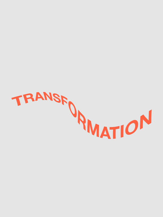 Das Bild zeigt ein grafisches Design mit dem Wort "TRANSFORMATION" in einer gewellten, orangefarbenen Schrift vor einem weißen Hintergrund. Der Text ist so positioniert, dass er zu schweben oder in der Luft zu schweben scheint, wodurch eine dynamische und visuell interessante Komposition entsteht. Dieses Design könnte für eine Website oder andere digitale Medien verwendet werden, die ein Gefühl von Veränderung, Wachstum oder Innovation vermitteln sollen.